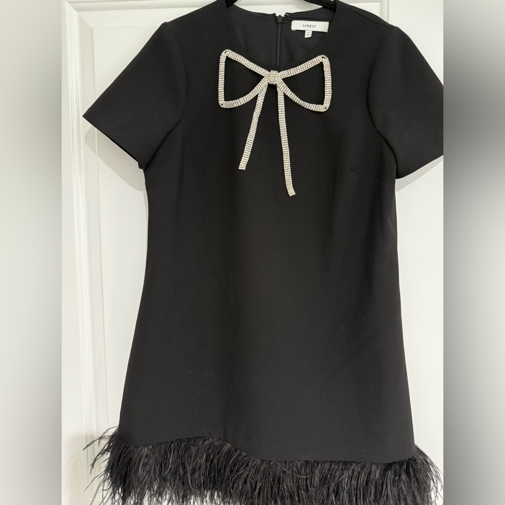 Likey Crystal Bow Dress with Feather Trim